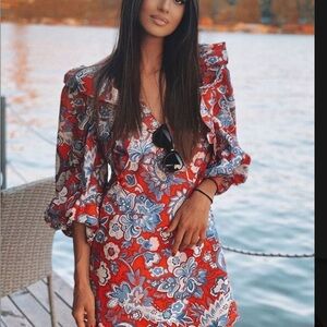 Zara Ruffled Print Dress | Color: Blue/Red | Ruffle and Balloon Sleeve. L